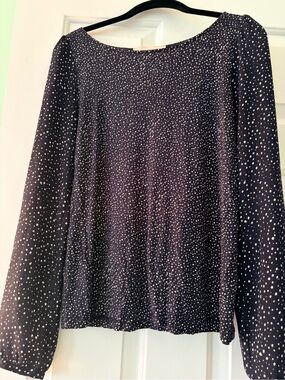 LOFT Navy Long-Sleeve Polka Dot Blouse